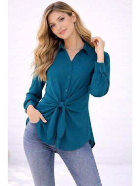 Grace Karin Teal Button-Up Blouse W/ Tie Front & Collared Neckline 2XL